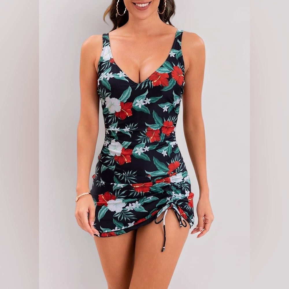 B2Prity Floral V-Neck Tummy Control Built-in Skirt Ruched One-Piece Swimsuit NWT - Picture 3 of 9
